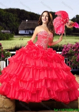 Cowgirl Elegant Beaded and Ruffled Layers Sweetheart Coral Red Quinceanera Dress in Organza
