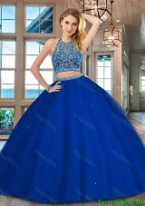 Lovely Beaded Bodice Scoop Royal Blue Quinceanera Dress with Open Back
