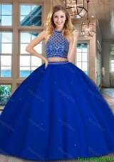 Discount Beaded Bodice Halter Top Backless Quinceanera Dress in Royal Blue