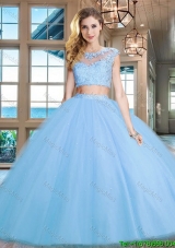 Exclusive See Through Scoop Light Blue Quinceanera Dress in Tulle