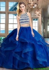 Unique Two Piece Open Back Royal Blue Quinceanera Dress with Beading