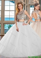Discount Big Puffy Two Piece Tulle White Quinceanera Dress with Open Back