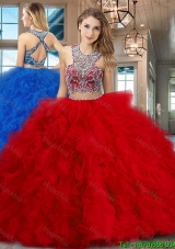 Gorgeous Brush Train Ruffled and Beaded Red Quinceanera Gown in Tulle