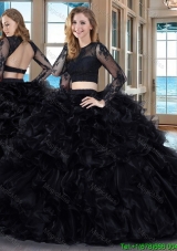 Sexy Two Piece Ball Gown Scoop Ruffled Backless Long Sleeves Quinceanera Dresses in Black