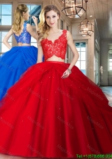 Beautiful Two Piece Puffy Skirt Red Tulle Quinceanera Dress with Zipper Up
