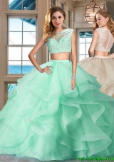 Fashionable Two Piece See Through Apple Green Quinceanera Dress with Brush Train