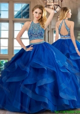 Pretty Beaded and Ruffled Brush Train Quinceanera Dress in Royal Blue