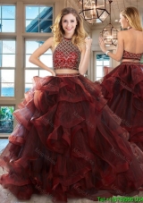 Cheap Ruffled and Beaded Brush Train Tulle Quinceanera Dress in Burgundy
