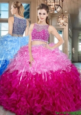 Elegant Two Tone Bateau Side Zipper Quinceanera Dress with Ruffles and Beading