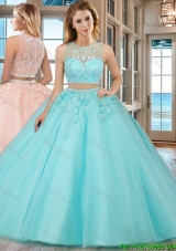 See Through Two Piece Scoop Brush Train Aqua Blue Quinceanera Dresses with Beading and Appliques