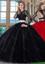 Puffy Scoop Tulle Appliques Backless Long Sleeves Two Piece Quinceanera Dresses in Red