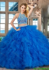 Latest Scoop Blue Brush Train Quinceanera Dress with Ruffles and Beading