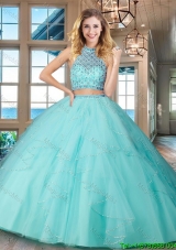 Simple Puffy Skirt Aqua Blue Quinceanera Dress with Ruffles and Beading