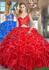 Latest Two Piece Ruffled and Laced Bodice Red Quinceanera Dress in Organza