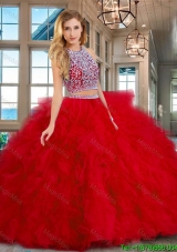 Exquisite Brush Train Ruffled Beaded Bodice Red Quinceanera Dress in Tulle
