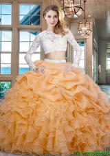 Cheap Beaded Laced Ruffled and Bubble Zipper Up Quinceanera Dress in Gold
