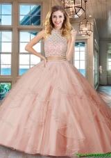 Designer Backless Ruffled and Beaded Bodice Quinceanera Dress in Light Pink
