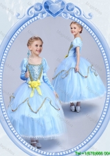 Halloween Cheap Hand Made Flower Short Sleeves Little Girl Pageant Dress in Light Blue