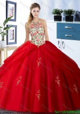 2017 Best Selling Halter Top Red Quinceanera Dress with Embroidery and Pick Ups