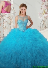 2017 Hot Sale See Through Scoop Baby Blue Quinceanera Dress with Beading and Ruffles
