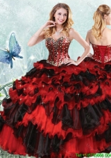 Perfect Visible Boning Beaded and Sequined Bodice Black and Red Quinceanera Dress