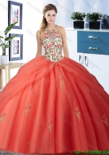 Unique Puffy Skirt See Through Orange Red Quinceanera Dress with Halter Top