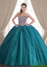 New Style Really Puffy Beaded Brush Train Teal Quinceanera Dress in Tulle