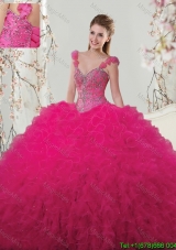 Discount Handcrafted Flowers Decorated Straps Hot Pink Quinceanera Dress with Ruffles