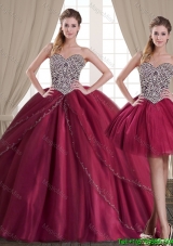 Fashionable Burgundy Brush Train Tulle Detachable Quinceanera Dresses with Beading