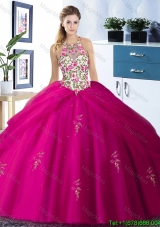 Perfect Really Puffy Halter Top See Through Quinceanera Dress in Fuchsia