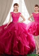 Most Popular Beaded and Ruffled Fuchsia Removable Quinceanera Dresses with Cap Sleeves