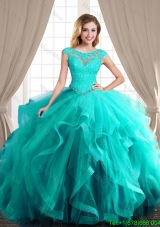 Affordable See Through Scoop Brush Train Turquoise Quinceanera Dress with Cap Sleeves