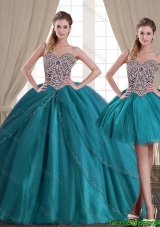 Affordable Big Puffy Brush Train Teal Removable Quinceanera Dresses with Beading