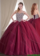 Exclusive Beaded Brush Train Tulle Sweetheart Quinceanera Dress in Burgundy
