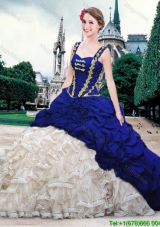 Elegant Bubble Straps White and Royal Blue Quinceanera Dress with Beading and Ruffles