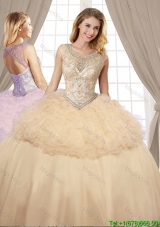 Classical Champagne Organza and Tulle Quinceanera Dress with Ruffles and Beading