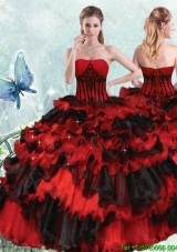 Unique Applique and Ruffled Layers Strapless Quinceanera Dress in Black and Red