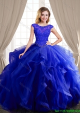 Wonderful Beaded and Ruffled Royal Blue Quinceanera Dress with Brush Train