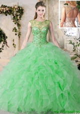Best Selling Scoop Beaded and Ruffled Green Quinceanera Dress in Organza