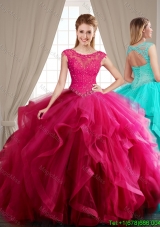 Simple Ruffled Brush Train Fuchsia Quinceanera Dress with Appliques and Beading