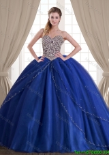 Latest Beaded Bodice Tulle Royal Blue Quinceanera Dress with Brush Train