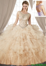 Latest Puffy Skirt Scoop Ruffled and Beaded Quinceanera Dress in Tulle