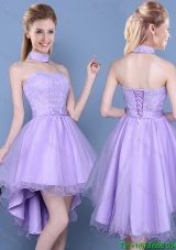 Pretty Sweetheart High Low Lavender Dama Dress with Lace and Bowknot