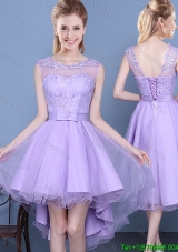 Lovely See Through Scoop High Low Laced and Bowknot Dama Dress in Lavender