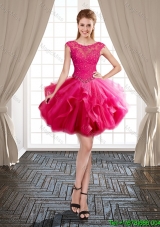 Pretty Tulle Applique Beaded and Ruffled Short Prom Dress in Fuchsia