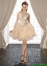 Exclusive Scoop Beaded and Ruffled Champagne Prom Dress in Organza