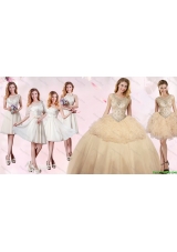 Cheap See Through Scoop Ruffled and Beaded Organza and Tulle Quinceanera Dress in Champagne