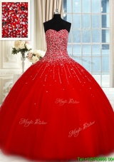 2017 Romantic Big Puffy Tulle Beaded Bodice Red Quinceanera Dress with Sweetheart