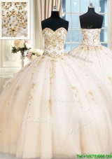 Top Seller Puffy Skirt Sweetheart Beaded Champagne Quinceanera Dress in Tulle