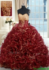 Luxurious Beaded Brush Train Burgundy Quinceanera Dress in Rolling Flowers